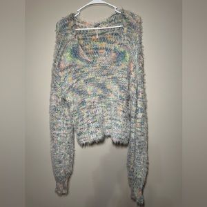 Free People Gelato Pullover Fuzzy Sweater V-Neck with Multicolored Knit